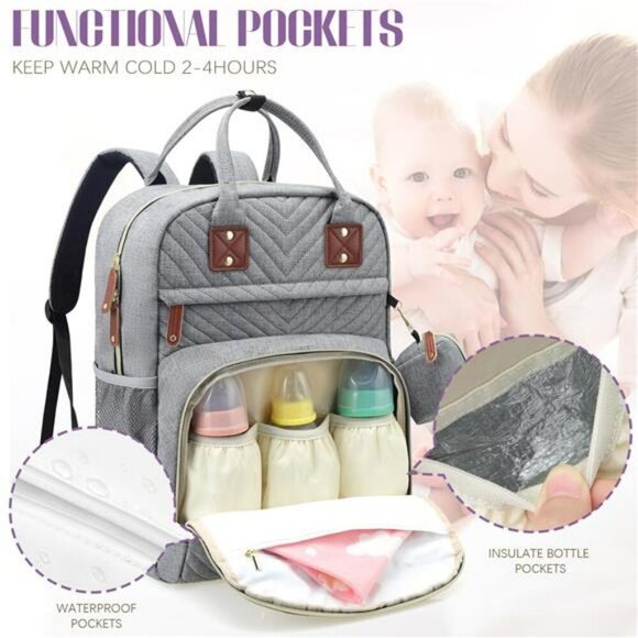 Tuwubi Diaper Bag Backpack Baby Travel Tote Waterproof Stroller Straps Grey - Picture 3 of 7
